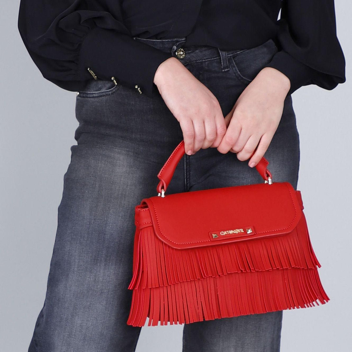 Borsa a mano in similpelle di CafèNoir con pattina e frange NE0935