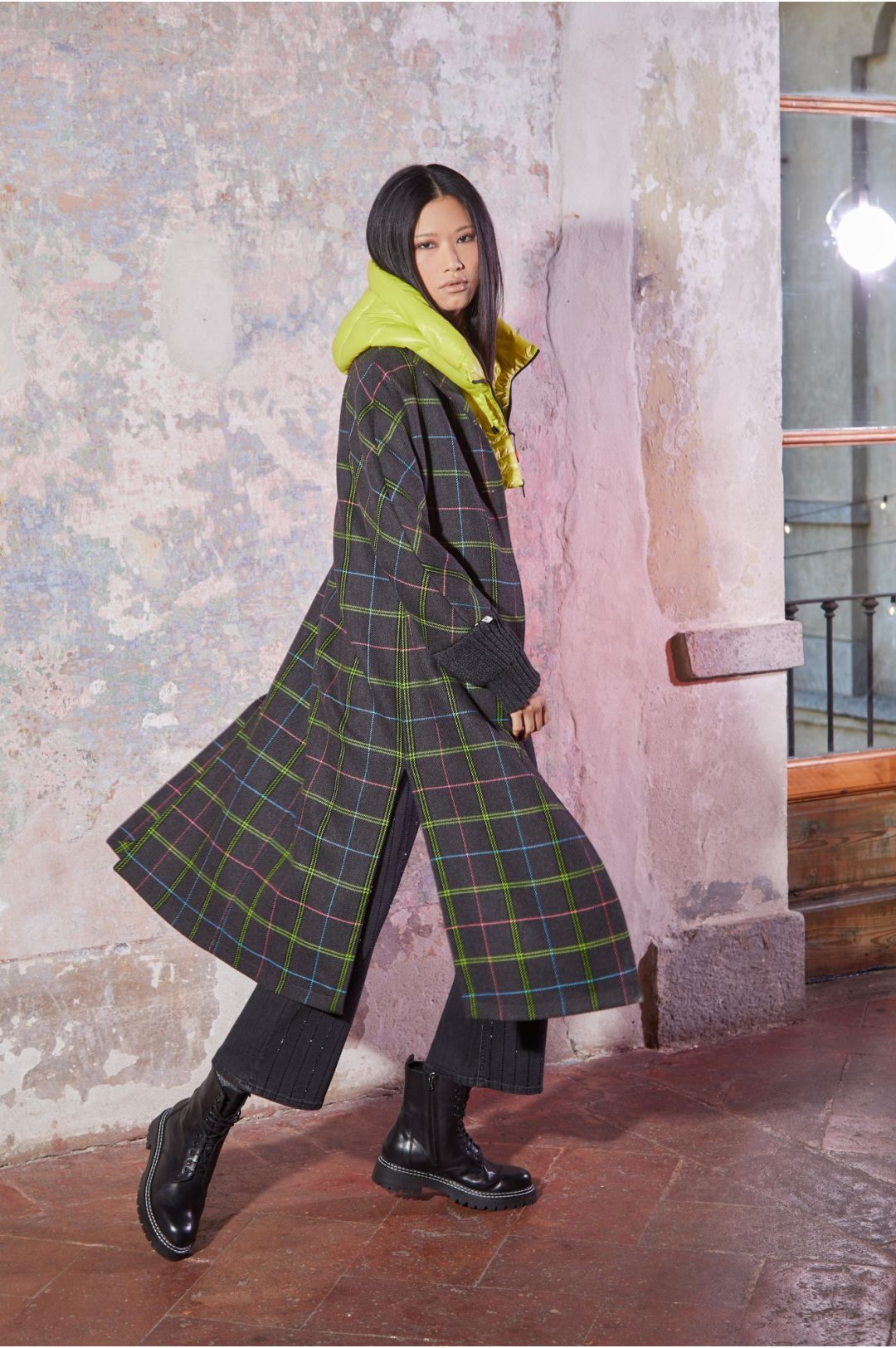 Cappotto lungo a quadri in tessuto mistolana JI0030