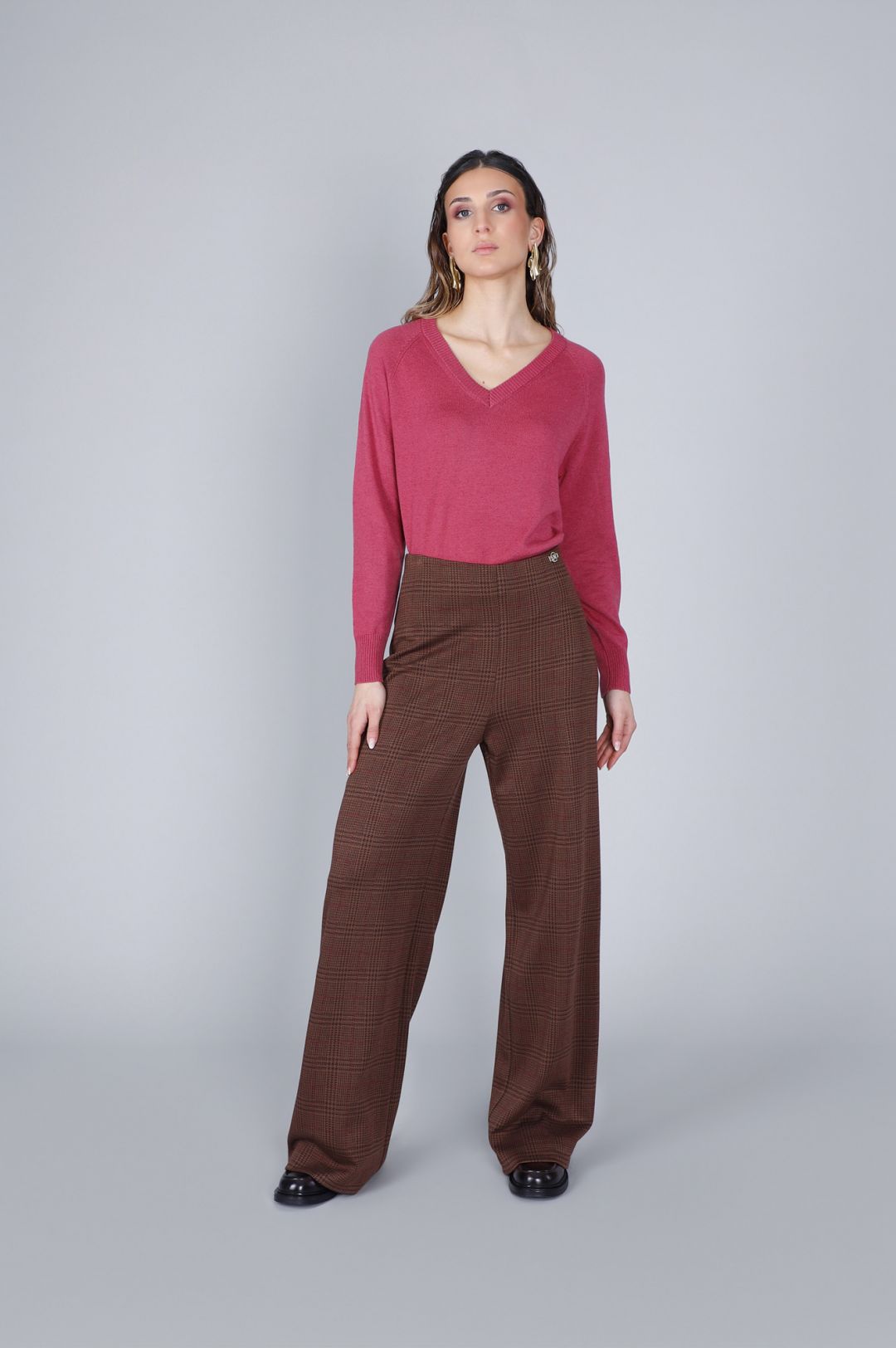 Pantaloni Cafènoir palazzo tessuto jacquard check cioccolato JP0275