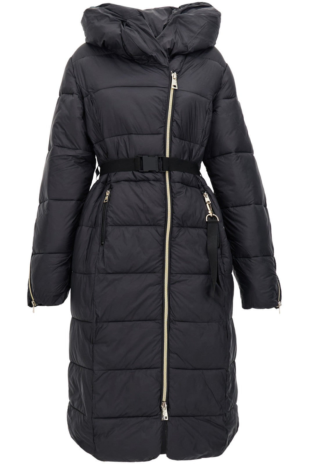 Piumino con cintura elastica e collo avvolgente nero JN0047