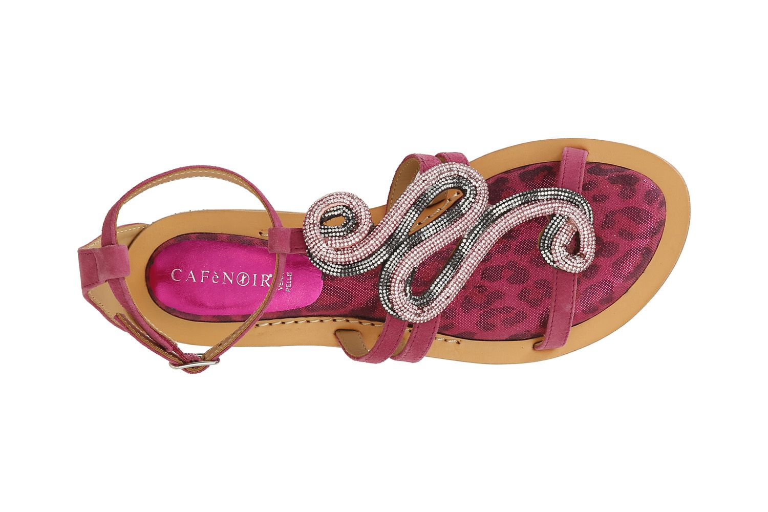 Sandali Cafènoir in camoscio e stampa maculata con accessorio strass multi fuxia GC5002
