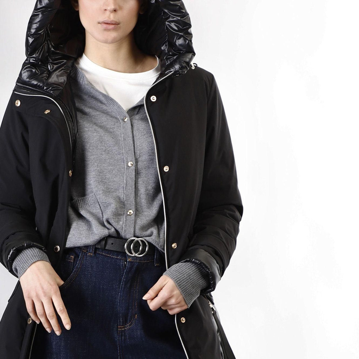 Parka imbottito CafèNoir bimateriale con cappuccio fisso JN0099