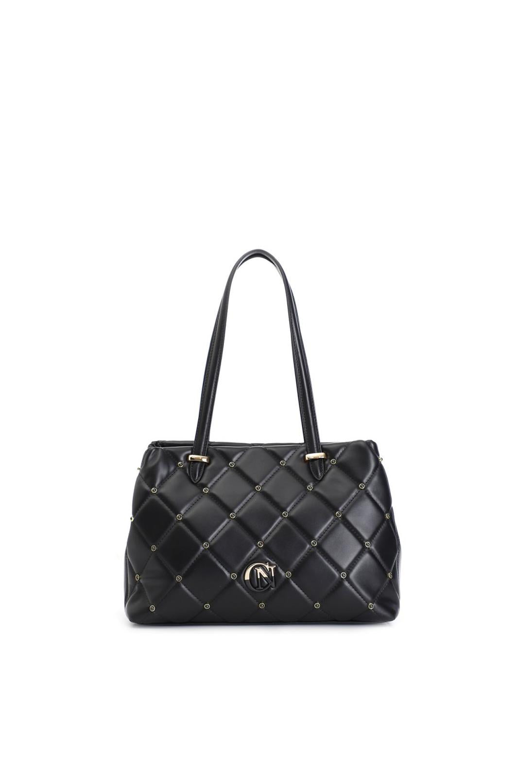 Borsa Tote CafeNoir con trapunta a rombi con applicazione di rivetti e logo bicolore nero NL0730