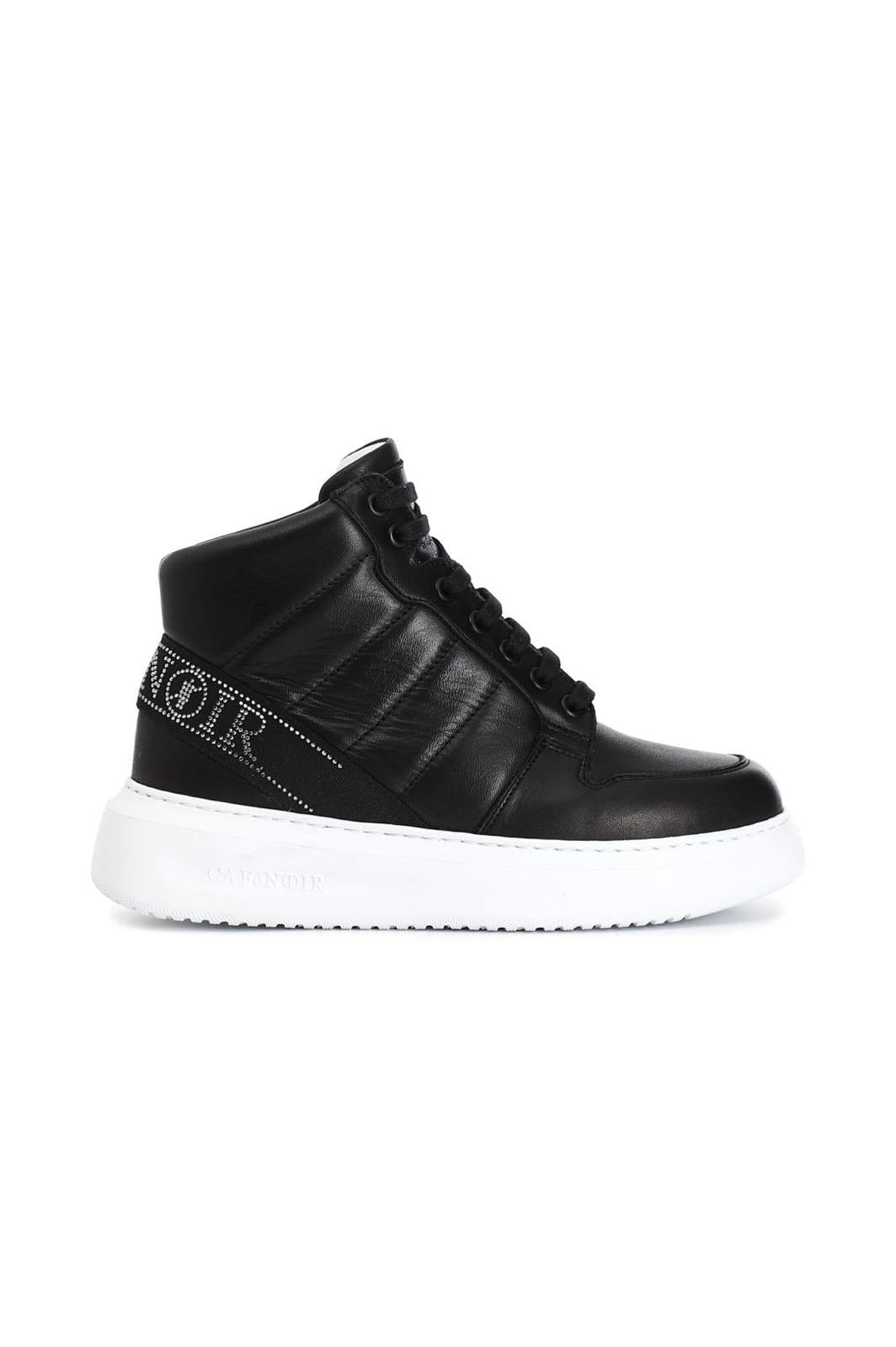 Sneakers Cafènoir alte in pelle con nastro logato con strass nero DE1007