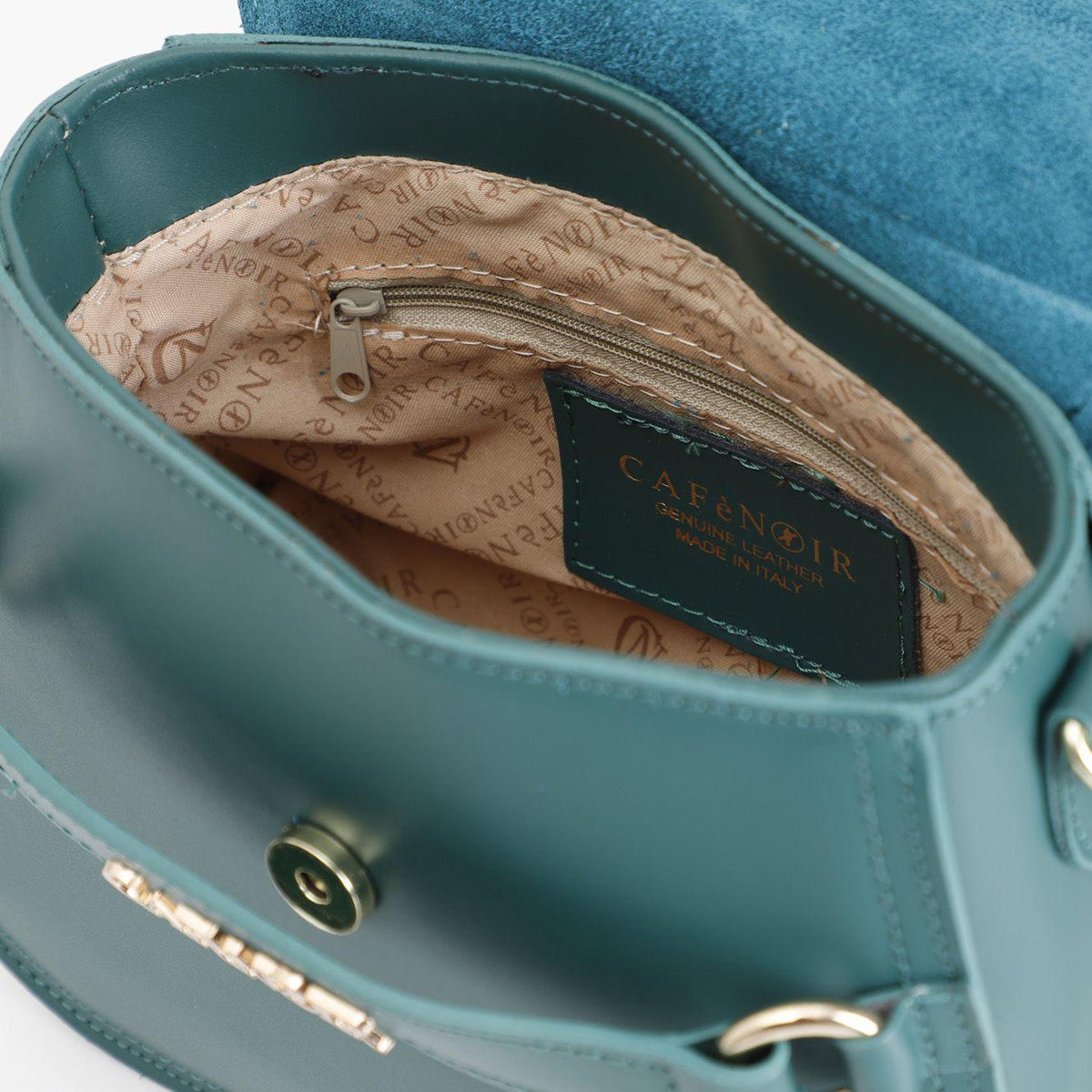 Borsa Cafènoir in pelle con tracolla corta, passante con lettering verde OP1019