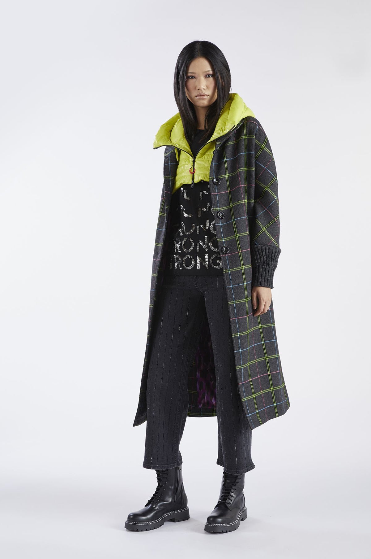 Cappotto lungo a quadri in tessuto mistolana JI0030